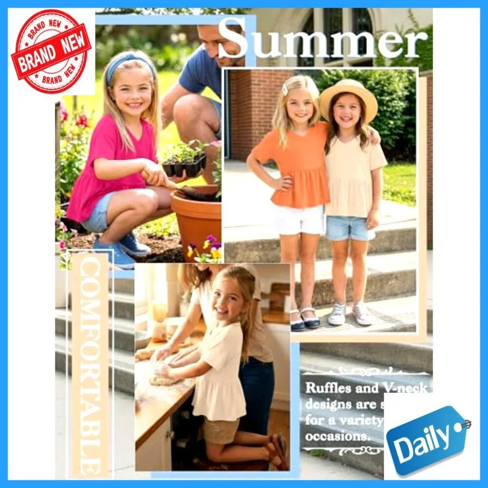Girls 3-Pack Short Sleeve Peplum Babydoll Tunic Tees V-Neck Ruffle Hem